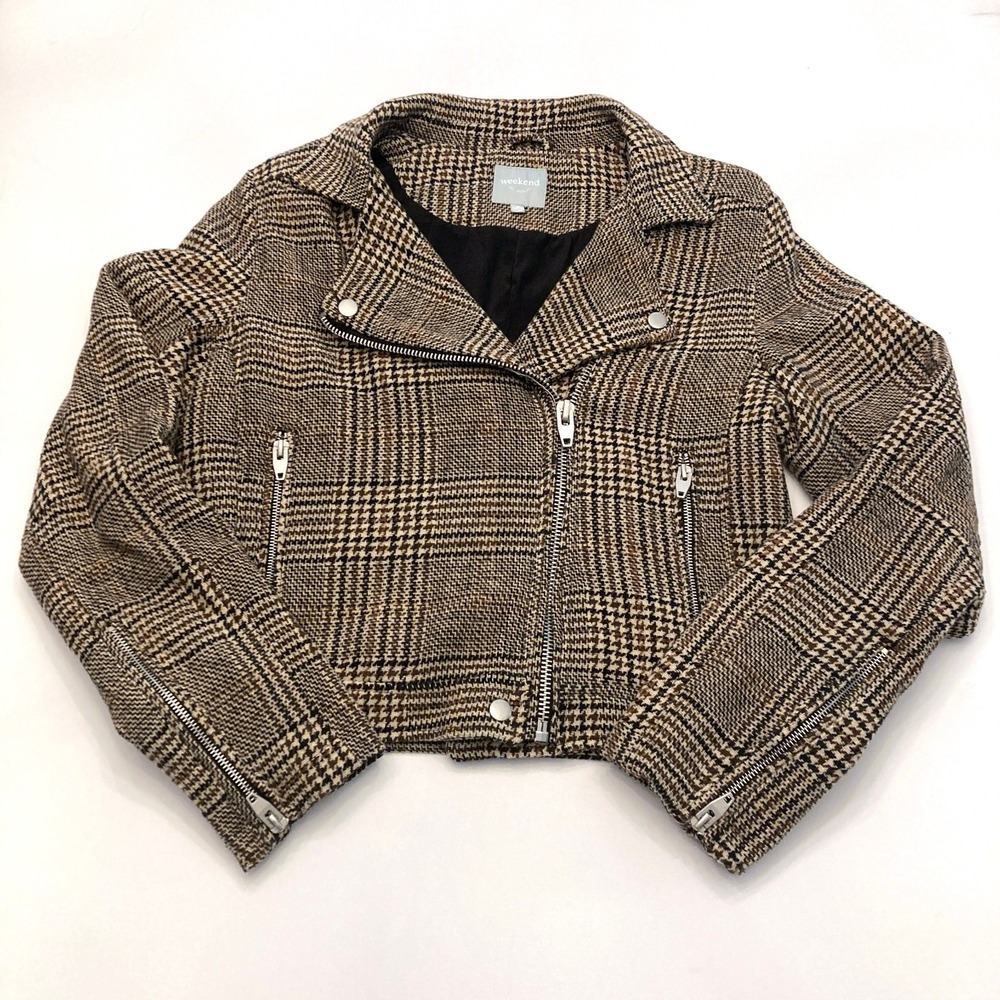 Weekend Houndstooth Plaid Moto Jacket Womens Medium Brown Zippers Lined Check